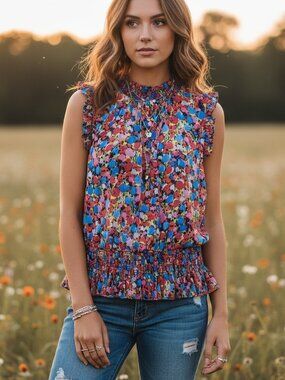 J Crew Size 2 Top Watercolor Floral Mock Ruffle Sleeveless Dopamine Y2K Boho